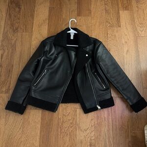 Black Faux Leather Jacket with Shearling Trim